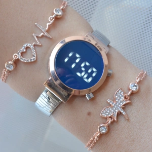 Silver Metal Kordon Dijital Kadın Saat Kombini 3255