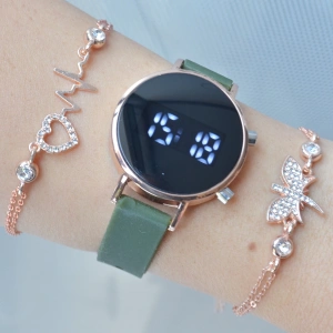 Yeşil Silikon Kordon Dijital Kadın Saat Kombini 3259