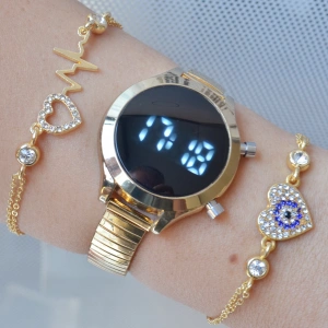 Gold Metal Kordon Dijital Kadın Saat Kombini 3270