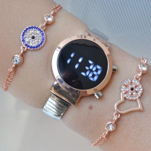 Silver Metal Kordon Dijital Kadın Saat Kombini 3273