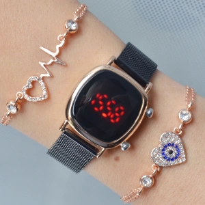 Siyah Hasır Kordon Dijital Kadın Saat Kombini 3275