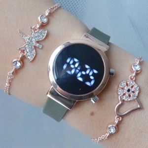 Yeşil Silikon Kordon Dijital Kadın Saat Kombini 3289