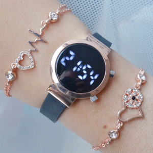 Siyah Silikon Kordon Dijital Kadın Saat Kombini 3290