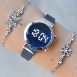 Siyah Silikon Kordon Dijital Kadın Saat Kombini 3291