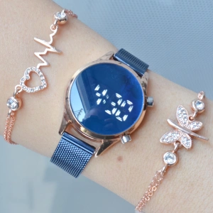 Mavi Hasır Kordon Dijital Kadın Saat Kombini 3293