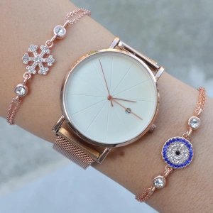 Rosegold Mıknatıslı Hasır Kordon Kadın Saat Kombini 3298