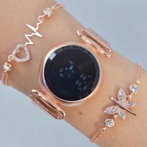 Rosegold Metal Kordon Dijital Kadın Saat Kombini 3313