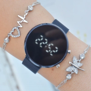 Mavi Mıknatıslı Hasır Kordon Dijital Kadın Saat Kombini 3316