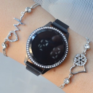 Siyah Mıknatıslı Hasır Kordon Dijital Kadın Saat Kombini 3317