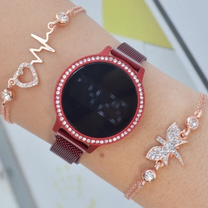 Kırmızı Mıknatıslı Hasır Kordon Dijital Kadın Saat Kombini 3318