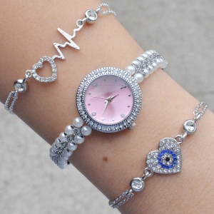 İncili Silver Metal Kordon Kadın Saat Kombini 3345