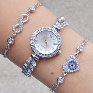 Zirkon Taşlı Silver Metal Kordon Kadın Saat Kombini 3353