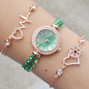 Yeşil Zirkon Taşlı Metal Kordon Kadın Saat Kombini 3361