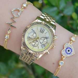 Gold Metal Kordon Kadın Saat Kombini 3406