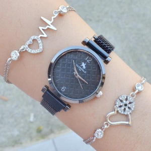 Siyah Hasır Mıknatıslı Kordon Kadın Saat Kombini 3411