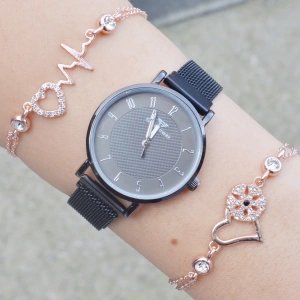 Siyah Mıknatıslı Hasır Kordon Kadın Saat Kombini 3416