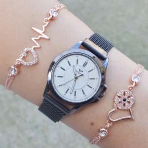 Siyah Mıknatıslı Hasır Kordon Kadın Saat Kombini 3417