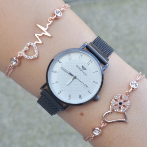 Siyah Mıknatıslı Hasır Kordon Kadın Saat Kombini 3419