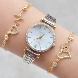 Silver Gold Metal Kordon Kadın Saat Kombini 1308