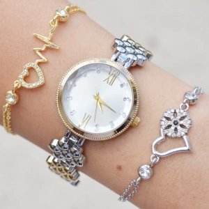 Silver Gold Metal Kordon Kadın Saat Kombini 3470
