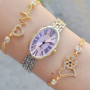 Silver Gold Metal Kordon Kadın Saat Kombini 3614