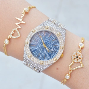 Silver Gold Metal Kordon Taşlı Kadın Saat Kombini 2729