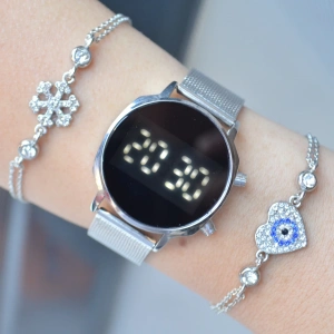 Silver Hasır Kordon Dijital Kadın Saat Kombini 3478