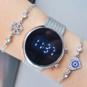 Silver Hasır Kordon Dijital Kadın Saat Kombini 3480