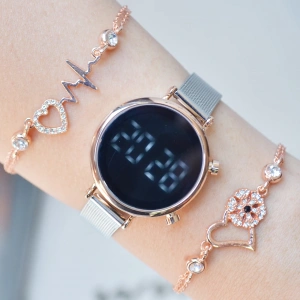 Silver Hasır Kordon Dijital Kadın Saat Kombini 9613