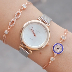 Silver Hasır Kordon Kadın Saat Kombini 3658