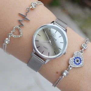 Silver Hasır Kordon Kadın Saat Kombini 2167