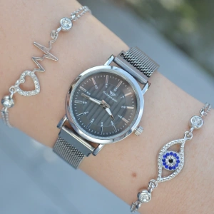 Silver Hasır Mıknatıslı Kordon Kadın Saat Kombini 3160