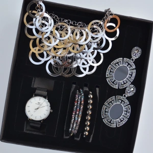 Antrasit Kolye Küpe Bileklik Saat Seti 3683