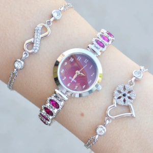 Silver Taşlı Metal Kordon Kadın Saat Kombini 3745