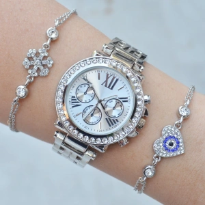 Silver Metal Kordon Taşlı Paşa Model Kadın Saat Kombini 3445