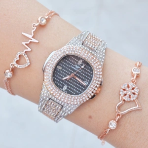 Silver Rose Metal Kordon Taşlı Bayan Saat Kombini 1310
