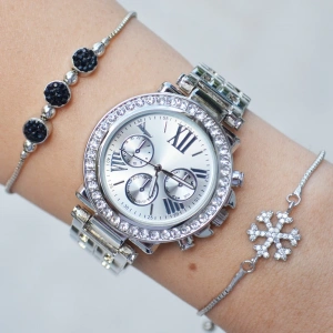 Silver Taşlı Metal Lüx Bileklikli Kordon Kadın Saat Kombini 3464