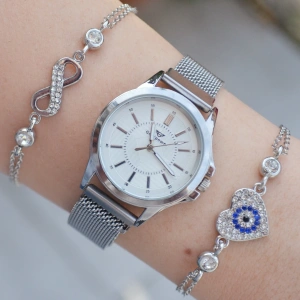 Silver Hasır Mıknatıslı Kordon Kadın Saat Kombini 3147