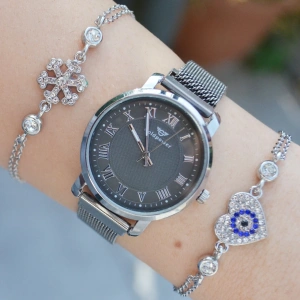 Silver Hasır Mıknatıslı Kordon Kadın Saat Kombini 3164