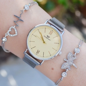 Silver Hasır Mıknatıslı Kordon Kadın Saat Kombini 3188