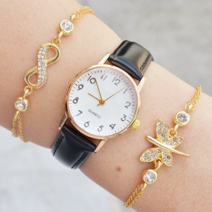 Siyah Deri Kordon Kadın Saat Kombini 3649