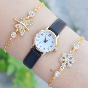 Siyah Deri Kordon Kadın Saat Kombini 3650