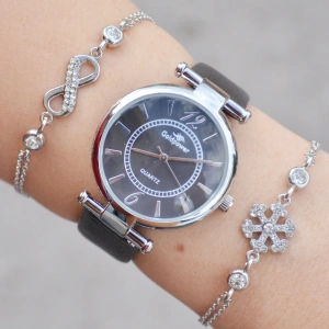 Siyah Deri Kordon Kadın Saat Kombini 9947