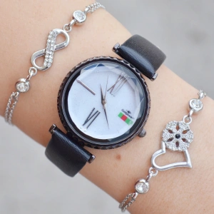 Siyah Deri Kordon Kadın Saat Kombini 1500