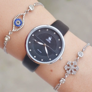 Siyah Deri Kordon Kadın Saat Kombini 2136