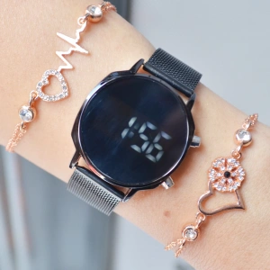 Siyah Hasır Kordon Dijital Kadın Saat Kombini 3477