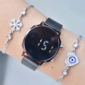 Siyah Hasır Kordon Dijital Kadın Saat Kombini 3484