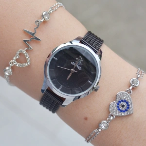 Siyah Hasır Kordon Kadın Saat Kombini 2165