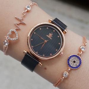 Siyah Hasır Kordon Kadın Saat Kombini 2405