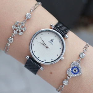 Siyah Hasır Kordon Kadın Saat Kombini 2158